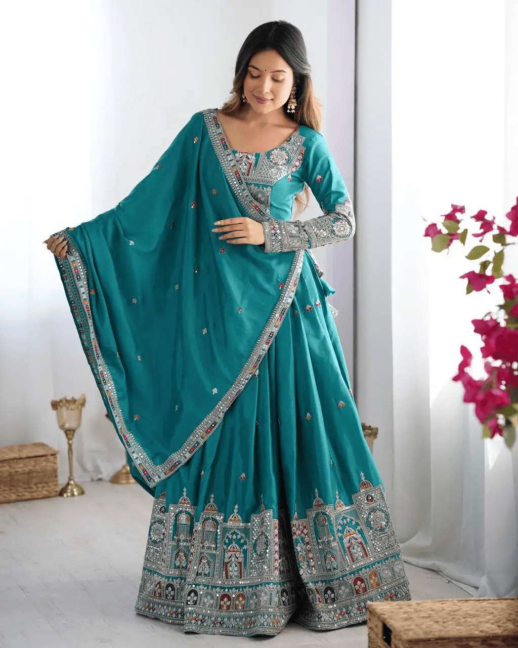 Women's Crepe Silk Sequence Embroidery and Zari Work Rajsthani Lehenga Choli with Dupatta - Image 7