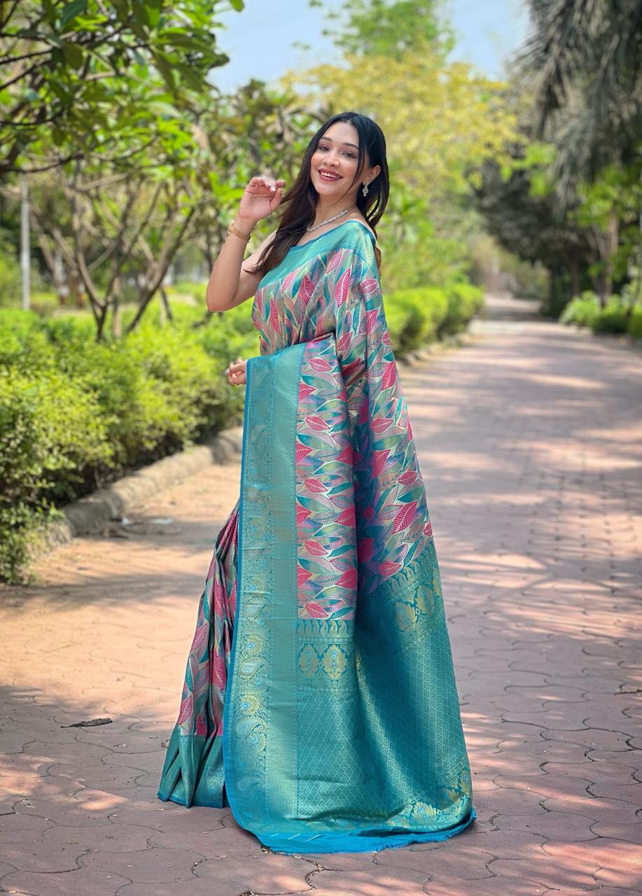 Women's Luxurious Pista Green & Pink Art Silk Saree with Intricate Leaf Weave & Broad Zari Border β Ideal for Festive & Wedding Occasions - Image 7